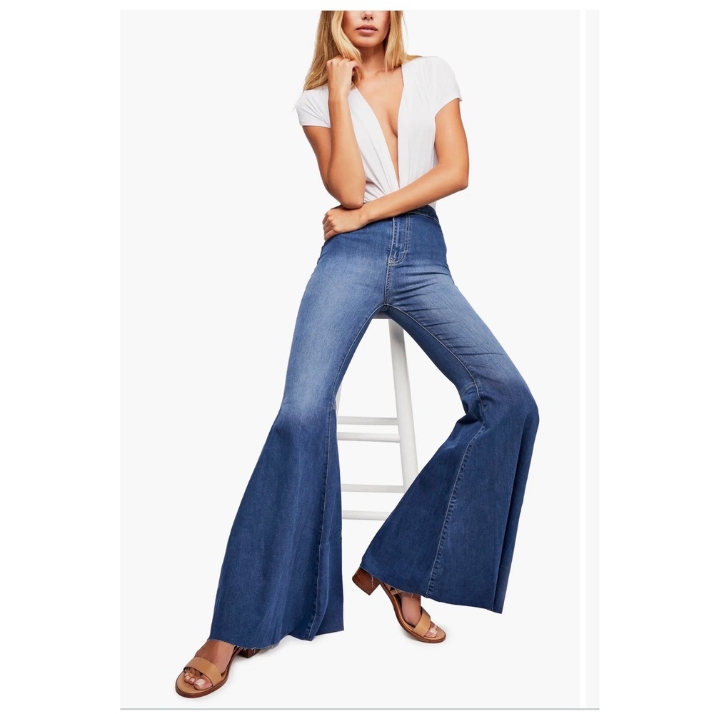 Free People We The Free Float On Flare Jeans High Rise Bell Bottom Blue Denim 27